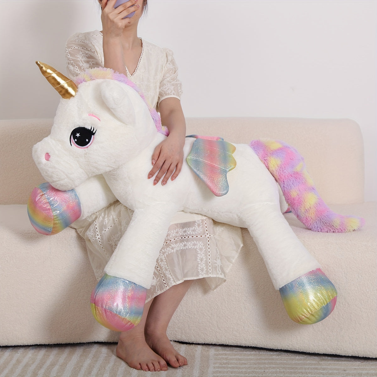 Giant Unicorn Plush Toy, White Soft & Cuddly Stuffed Animal with Rainbow Mane, Playful Design, Perfect Birthday Christmas or Halloween Gift for Youngsters Girlfriend or Boys, 44