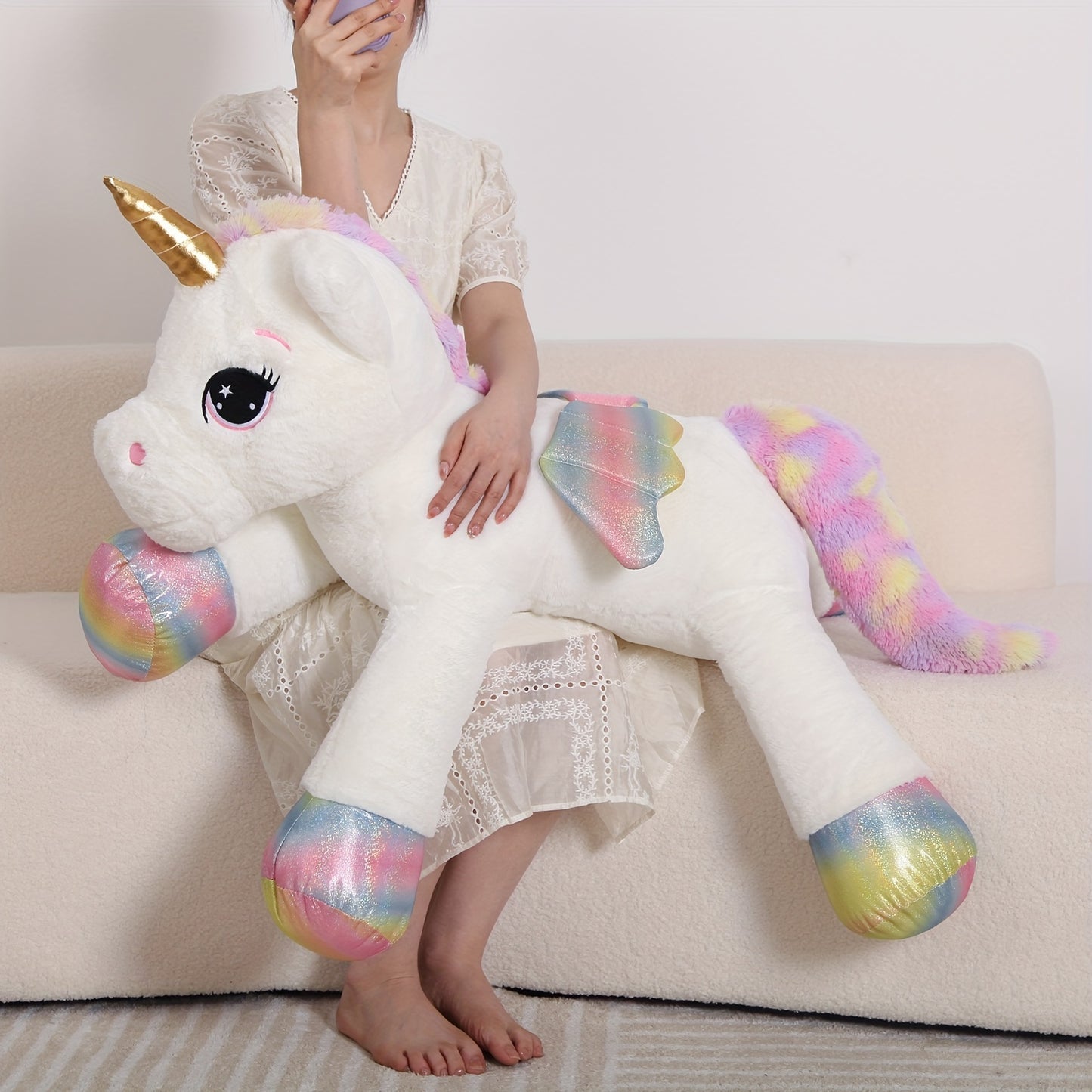 Giant Unicorn Plush Toy, White Soft & Cuddly Stuffed Animal with Rainbow Mane, Playful Design, Perfect Birthday Christmas or Halloween Gift for Youngsters Girlfriend or Boys, 44", Cozy Body Pillow, Best for Christmas Perfect