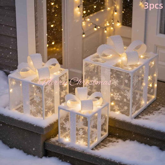 3pcs Lighted Christmas Gift Box Set with Warm LED Lights & Snowy Ribbon Bows - Battery-Powered Indoor/Outdoor Plastic Decorations with Stake Installation, Classic Winter Design for Xmas Tree, Yard, Home - Cordless Holiday Dec