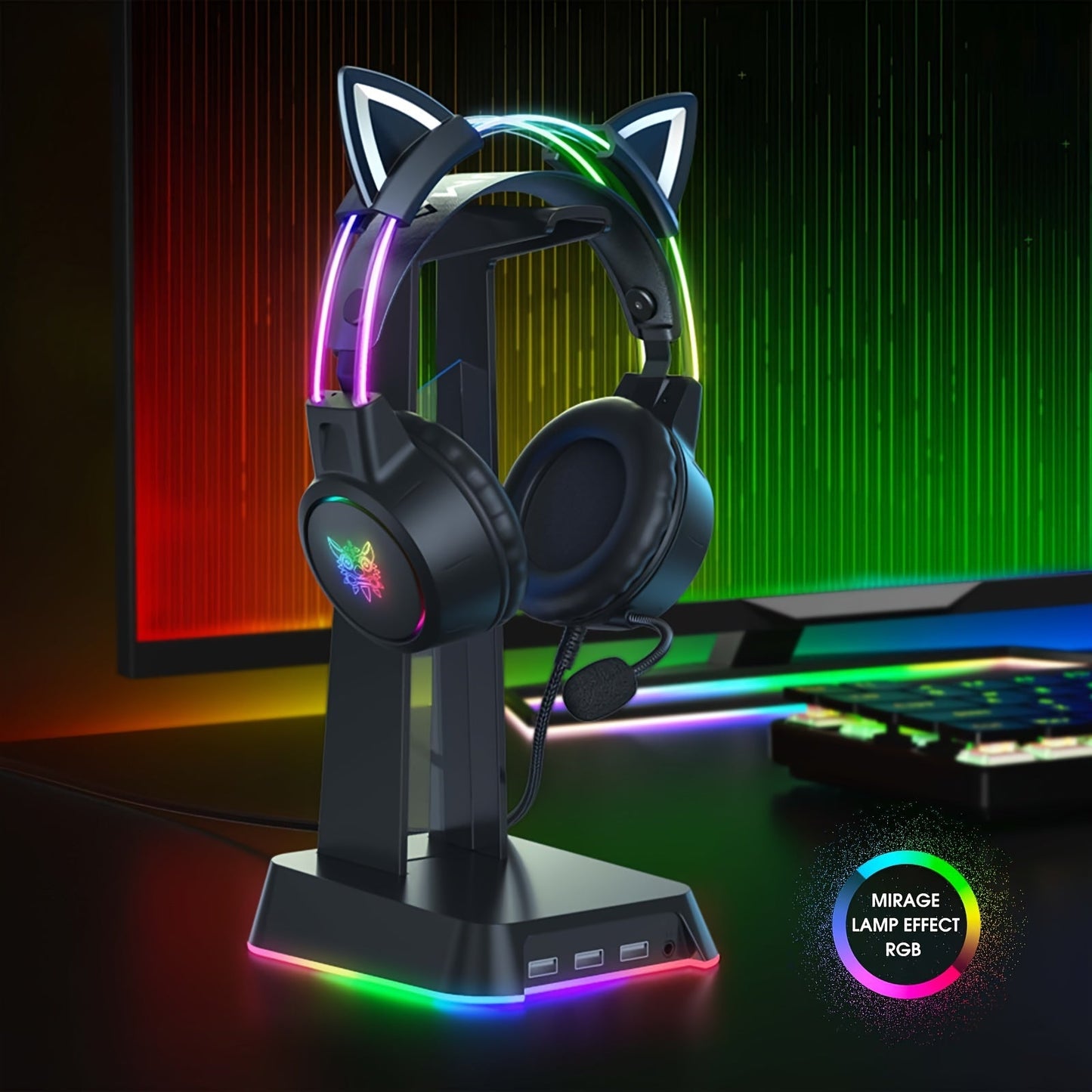ONIKUMA Pink Cat Ear Gaming Headset with RGB Illuminated Headband, Detachable Flexible Mic, and Volume Controls - USB Powered Wired Over-Ear Headphones for PC Gamers, Gaming Headphones SS69 34.69 Black+cat ear