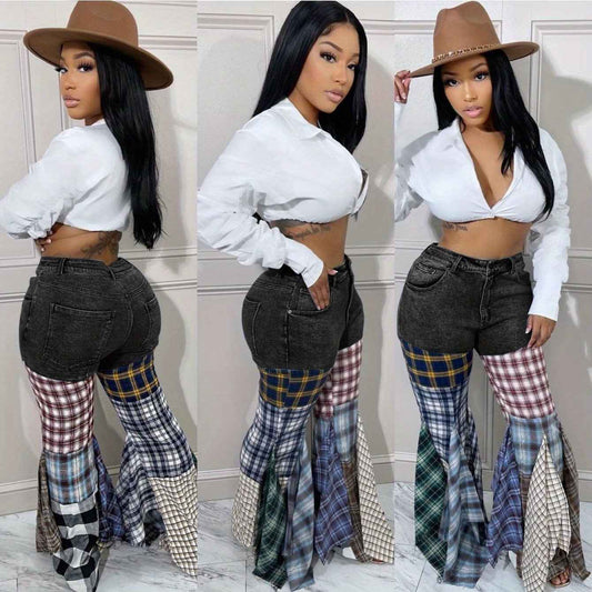 Denim Trousers for Women with a Houndstooth Pattern, Featuring Flared Legs And Ruffles.