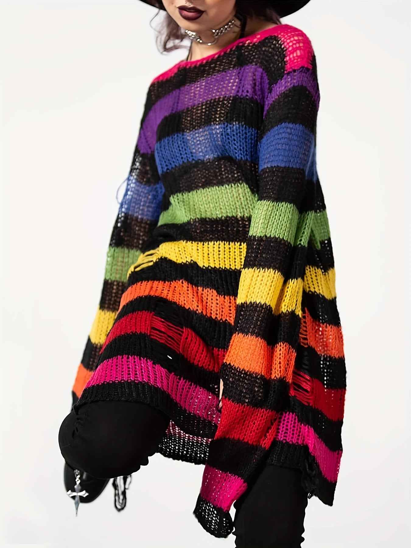 [Gothic Knitted Top] Gothic Long Loose-Fitting Knitted Top - Round Neck, Unique Torn Design with Contrasting Stripes
