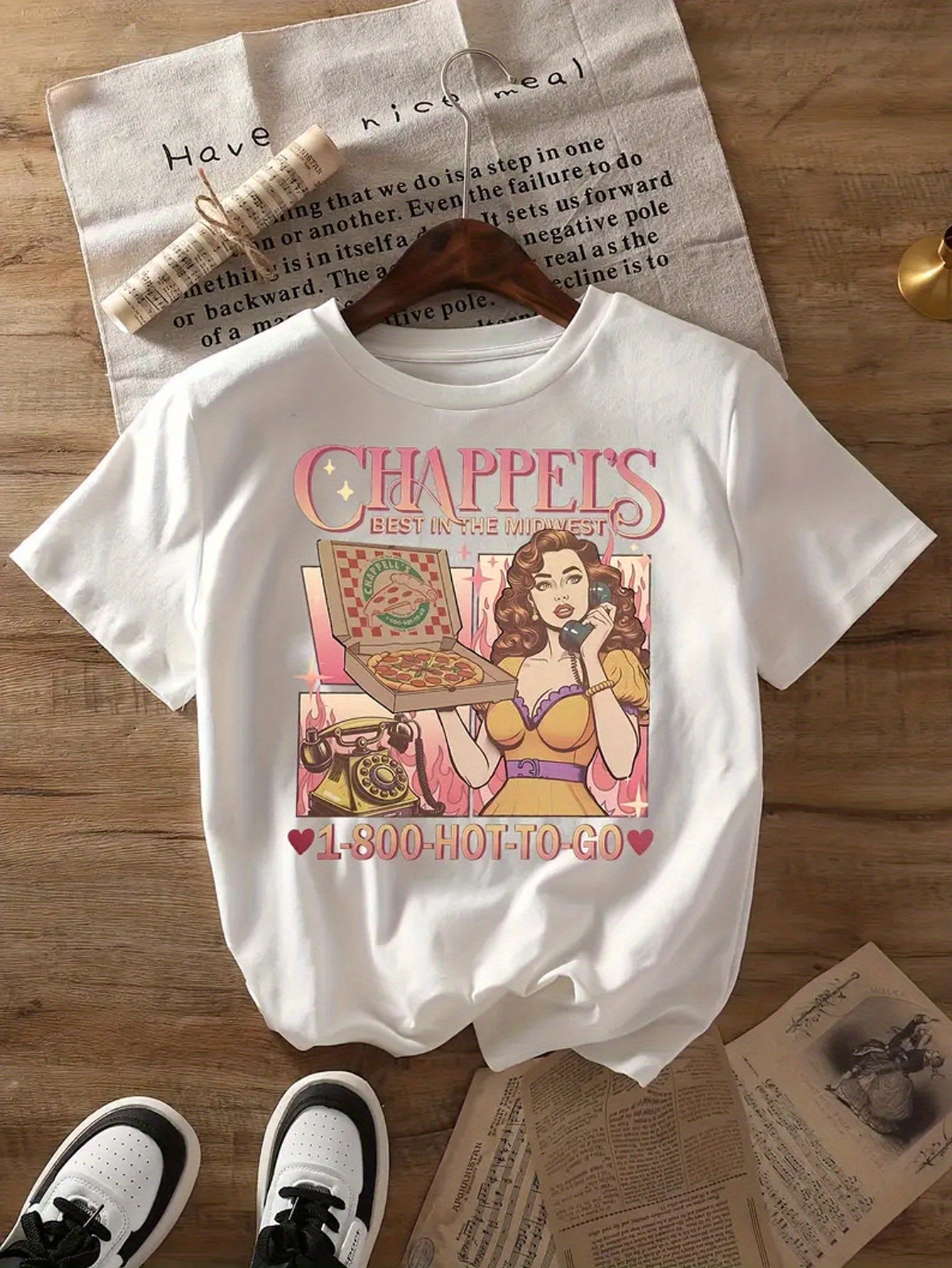 Women's Retro "CHAPPEL'S" Graphic Tee - Vintage 1950s Pin-Up Design, Short Sleeve Crew Neck, Lightweight Polyester Blend, Casual Summer & Spring Top, Machine Washable SS69