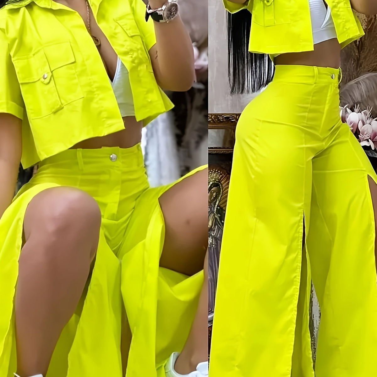 Women's Vibrant Yellow Casual Two-Piece Set: Short Sleeve Button-Up Shirt & High-Waist Wide-Leg Pants with Thigh-High Slit - Polyester, Machine Washable - SS69