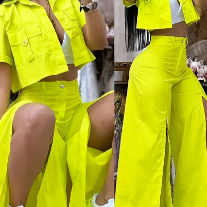 Women's Vibrant Yellow Casual Two-Piece Set: Short Sleeve Button-Up Shirt & High-Waist Wide-Leg Pants with Thigh-High Slit - Polyester, Machine Washable - SS69