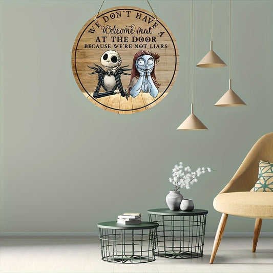 1pc Disney The Nightmare Before Christmas Jack & Sally Metal Sign - 8-Inch Round Rustic Welcome Door Decor with "We Don't Have a Mat" Humorous Quote, Weather-Resistant Indoor/Outdoor Wall Art for Halloween, Christmas, Thanksg SS69