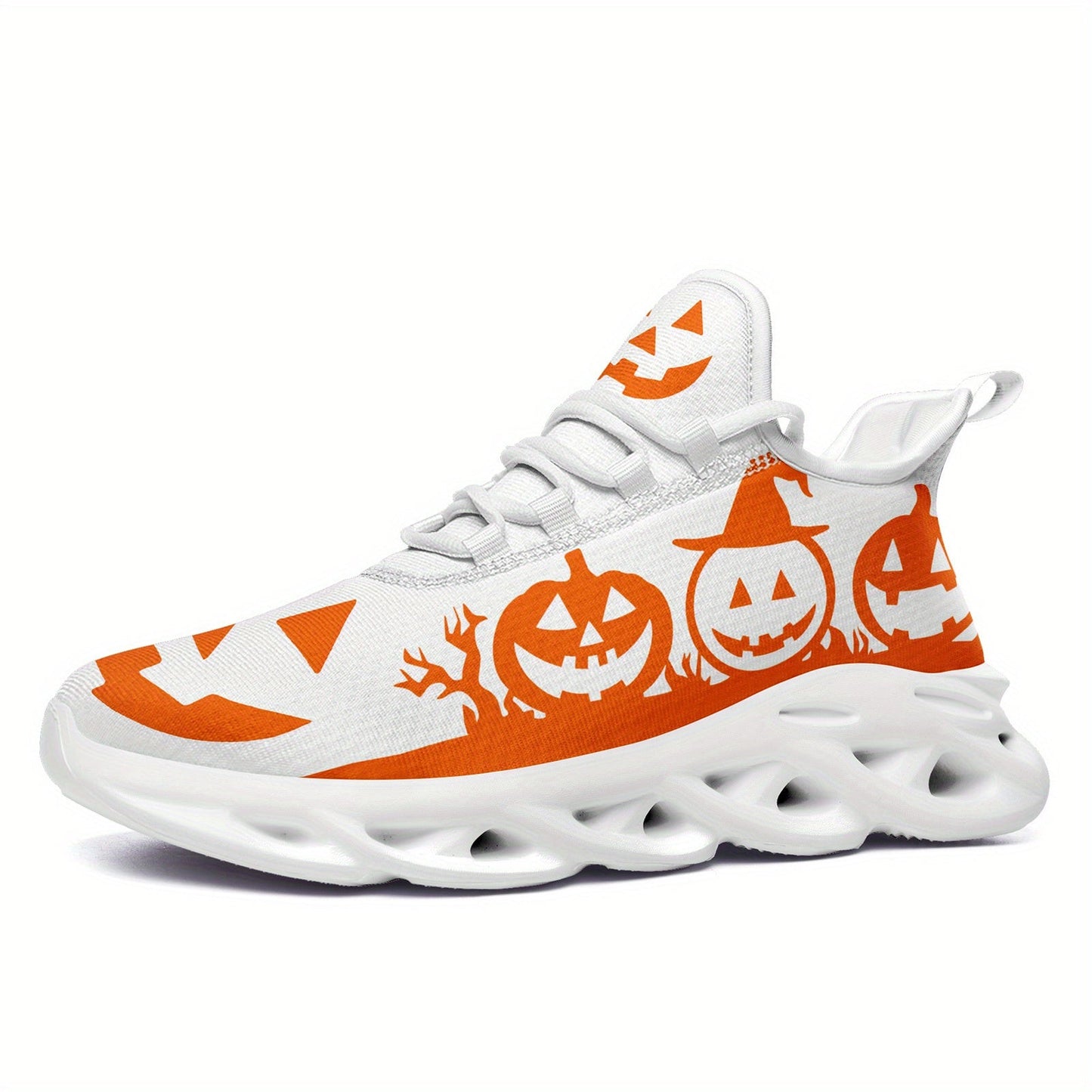 Women's Halloween Sneakers - Orange Pumpkin Jack-o'-Lanterns, Lace-Up Trick Treat Shoes, Plus Size Available - All-Season Casual Shoes for Halloween Parties, Casual Attire & Costume Outfits - Lightweight EVA Sole for Fall Fes SS69 39.69 FN003-25023124-1w / US 12.5