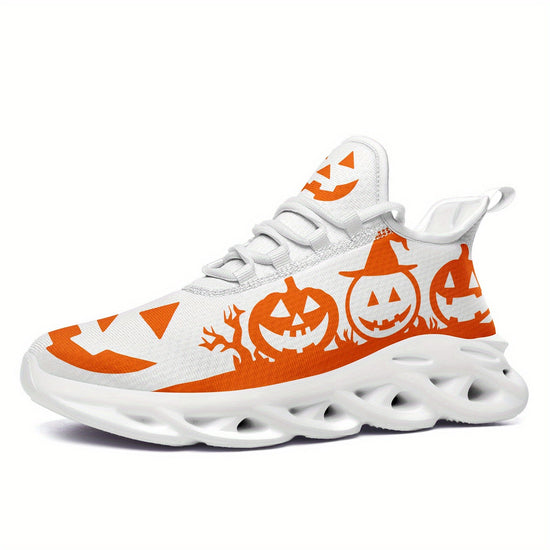 Women's Halloween Sneakers - Orange Pumpkin Jack-o'-Lanterns, Lace-Up Trick Treat Shoes, Plus Size Available - All-Season Casual Shoes for Halloween Parties, Casual Attire & Costume Outfits - Lightweight EVA Sole for Fall Fes SS69 39.69 FN003-25023124-1w / US 12.5
