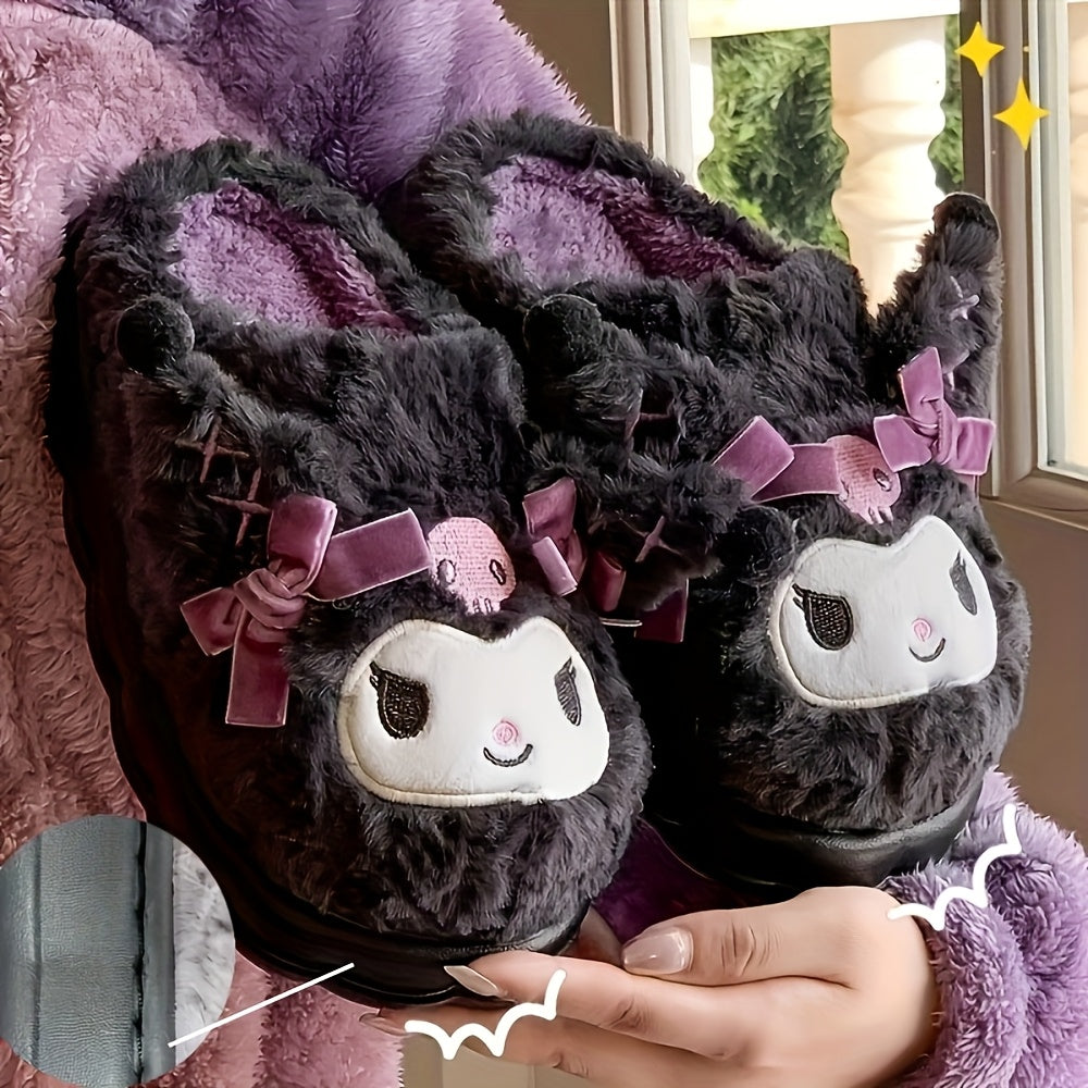 1 Pair Sanrio Hello Kitty Kuromi Women's Plush Slippers - Cute Character Design with Bows, Soft Fabric Upper & Lining, Non-Slip PVC Sole, Warm Winter Indoor House Shoes for Women, Playful Design, Comfortable Footwear SS69 18.69 Black / US 3.5-4