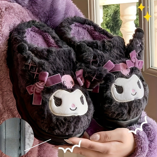 1 Pair Sanrio Hello Kitty Kuromi Women's Plush Slippers - Cute Character Design with Bows, Soft Fabric Upper & Lining, Non-Slip PVC Sole, Warm Winter Indoor House Shoes for Women, Playful Design, Comfortable Footwear SS69 18.69 Black / US 3.5-4