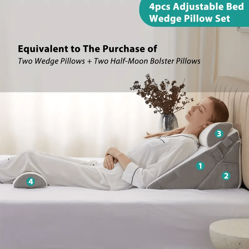 [3pcs Foam Pillows] 3pcs Foam Pillows 3pcs Polyurethane Foam Bed Wedge Pillows | Adjustable Contour Support, Anti- Snoring, Acid Reflux, Medium- Soft Gray Pillow Covers, Machine Washable, Back Alleviation, Contoured Pillow De