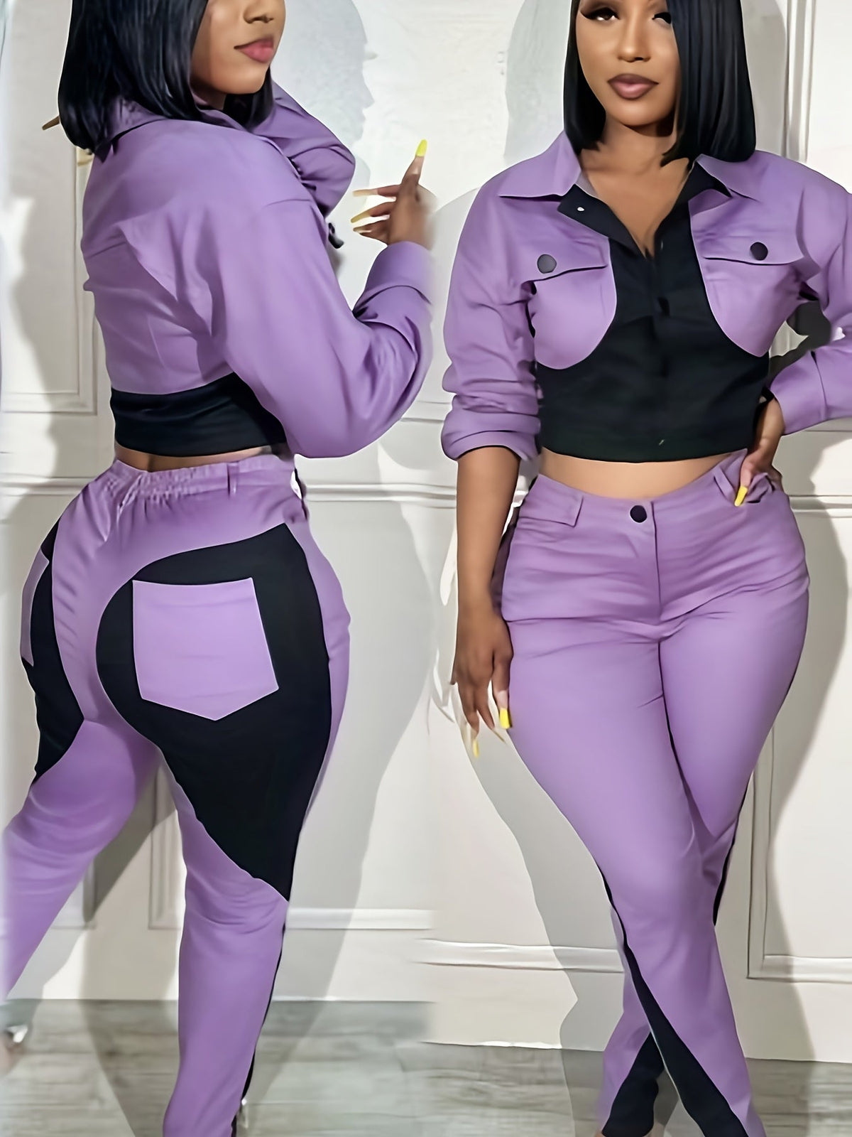 2pcs Women'S Casual Two-piece Set, Sports Patchwork Color Blocking, Long Sleeve Lapel Button Up Top Pencil Pants, Suitable For Daily Club Set SS69