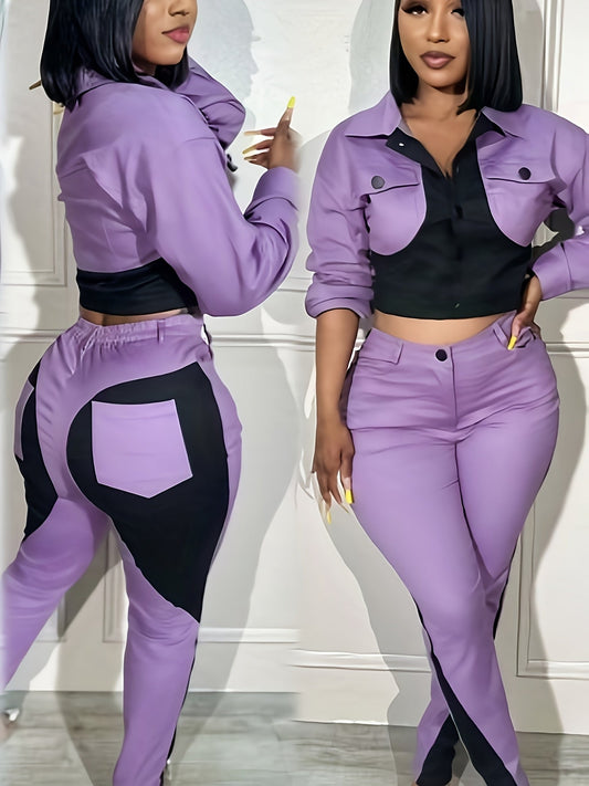2pcs Women'S Casual Two-piece Set, Sports Patchwork Color Blocking, Long Sleeve Lapel Button Up Top Pencil Pants, Suitable For Daily Club Set SS69