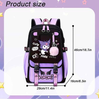 Sanrio Kuromi Canvas Backpack - Lightweight, Adjustable Straps, Zip Closure - Cute Anime Design with Plush Characters and Decorative Pins - Ideal for Students & Travel - Fits 17" Laptop - Black & Purple, Anime Accessory|Plush