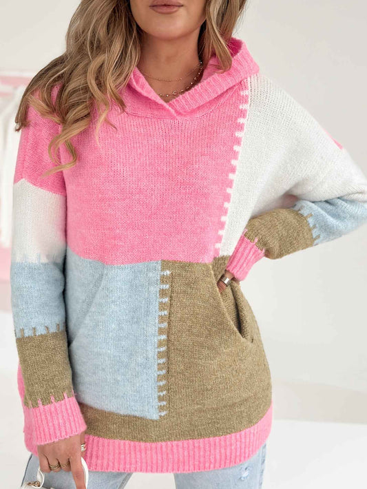Plus Size Women's Elegant Hooded Sweater • Pastel Pink & Yellow Colorblock Long Sleeve Pullover • Cozy Front Pocket Fall/Winter Sweater • Everyday & Formal Outfits • Cute Casual Winter Wear • Durable Colorblock Desi