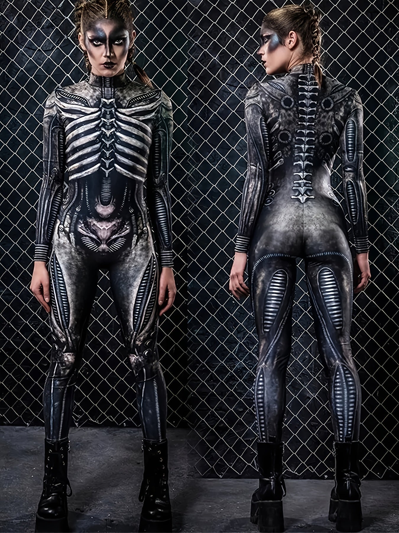 Women's Gothic Full-Body Jumpsuit - Sexy Full-Length Leg & Arm Coverage with Full-Length Zipper - Long Sleeve Party Costume with Full-Length Zipper & Full-Length Leg Jumpsuit for Costume Parties, Gothic Events, Performances - SS69