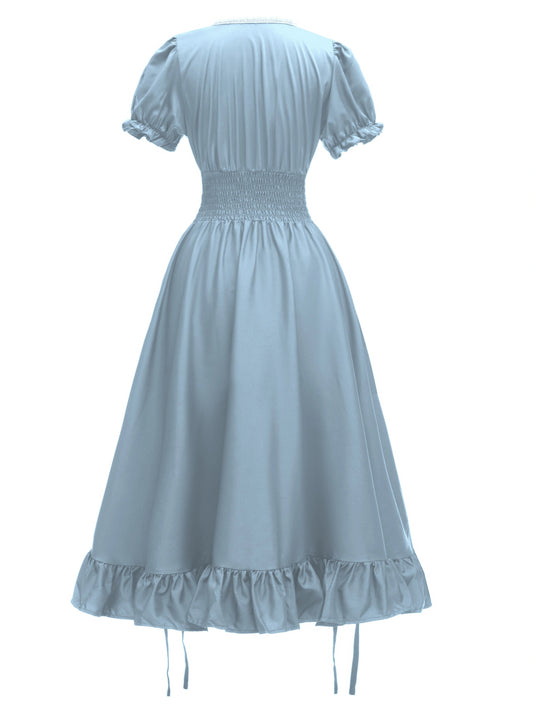 Renaissance Victorian Vintage Square Neck Short Sleeve Dress - Light Blue A-Line Umbrella Skirt with Ruffled Layers, Elegant Cosplay Costume for Halloween, Themed Parties & Special Occasions, Halloween Costumes, Sophisticated SS69