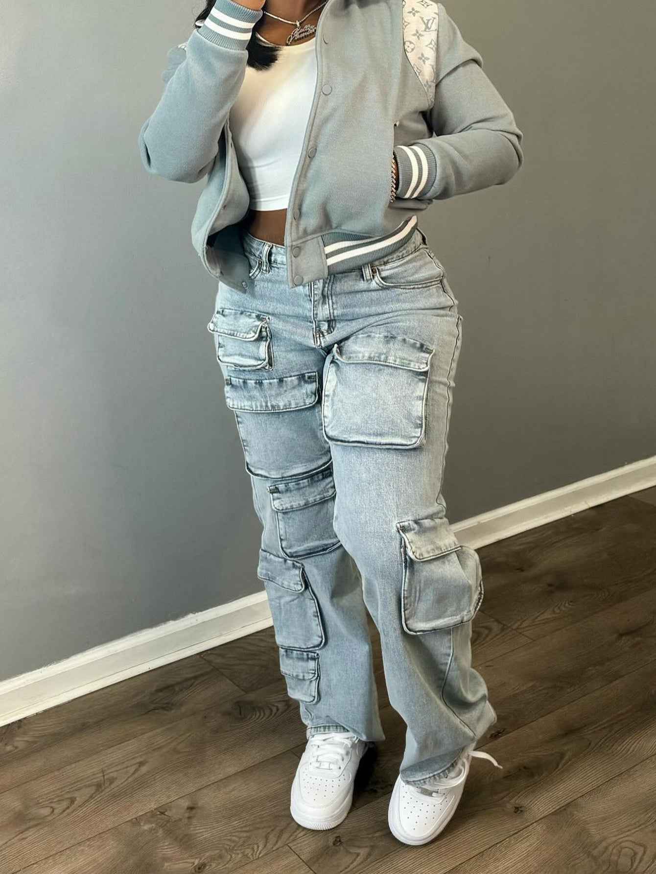 Fashionable Women'S Clothing, Stretch Denim Fabric, Three-Dimensional Multi-Pocket Workwear Style Denim Trousers