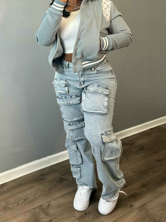 Fashionable Women'S Clothing, Stretch Denim Fabric, Three-Dimensional Multi-Pocket Workwear Style Denim Trousers