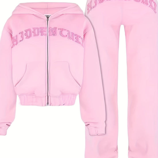 Chic Women's Athletic Set: Full-Zip Hoodie & Slim-Fit Pants - Comfortable, Adjustable, and Stylish with Letter Print Design - SS69