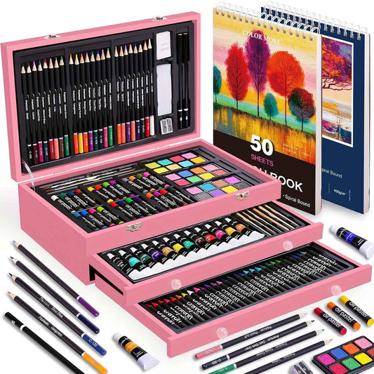 175pcs Deluxe Art Set With 2 Drawing Pads, Crayons, Acrylic Paints, Colored Pencils Set In Wooden Case, Professional Art Kit, Paint Supplies, Gift, Christmas & Halloween, Back To School