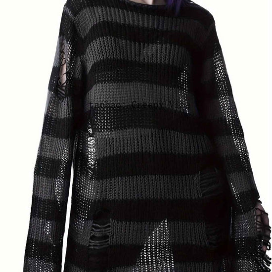 [Gothic Knitted Top] Gothic Long Loose-Fitting Knitted Top - Round Neck, Unique Torn Design with Contrasting Stripes