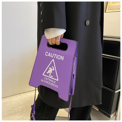 Chic Black Faux Leather Novelty Shoulder Bag - Fashionable Caution Sign Tote with Detachable Strap, Zip Closure for Women SS69