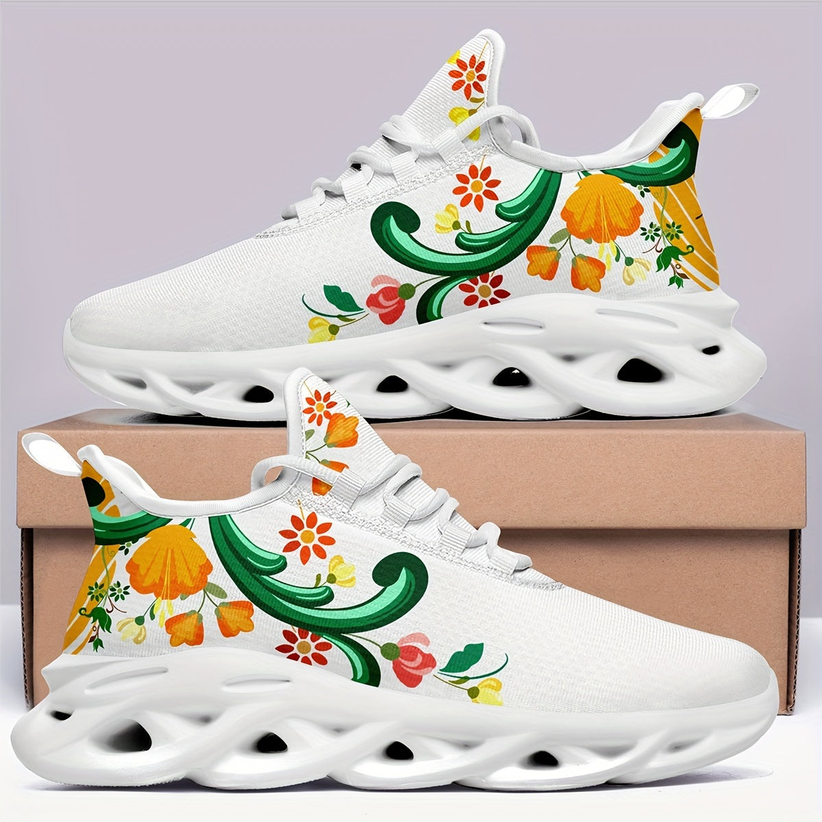 Women's Flower Detail Lace-up Blade Type Running Shoes, Lightweight Low Top Fashion Casual Sneakers, Women's Footwear - SS69