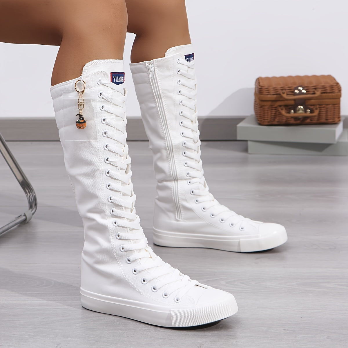 YUANBU Women'S Stylish Black Knee-High Boots with Colorful "YUANBU" Lettering - Casual Flat Sole, Side Zipper, Lightweight Sneakers for Halloween, Parties & Daily Wear, Sizes 5-12, Halloween Shoes SS69