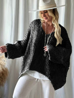 Plus Size, Women's Plus Size Oversized V-Neck Sweater - Winter Warm Solid Color Pullover, Elegant Casual Loose Fit Sweaters for Fall/Winter Layering, Hand Washable Cozy Blouse