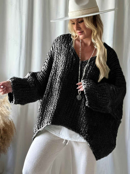 Plus Size, Women's Plus Size Oversized V-Neck Sweater - Winter Warm Solid Color Pullover, Elegant Casual Loose Fit Sweaters for Fall/Winter Layering, Hand Washable Cozy Blouse