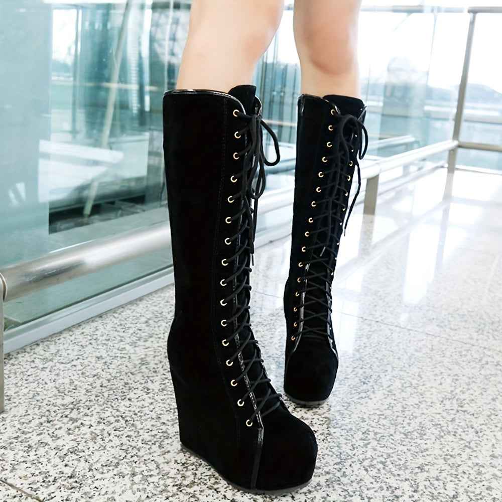 EROCALLI Women'S Gothic Y2K Platform Wedge Heel Knee-High Boots - Chunky Heel Lace-Up with Side Zipper, Faux Cover & Rubber Sole for Casual Party & Daily Wear, High Heel Boots, Party Footwear, Bold Fashion Statement, Durable