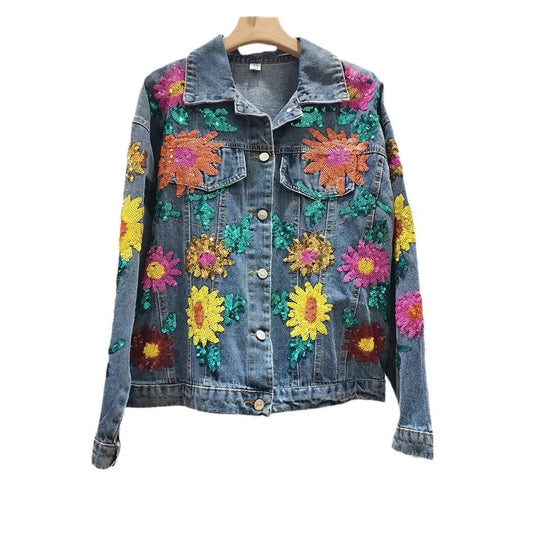 Embroidery denim jacket spring sequined beading Sun flowers water wash cowboy jacket female long sleeve denim jacket coat - SS69