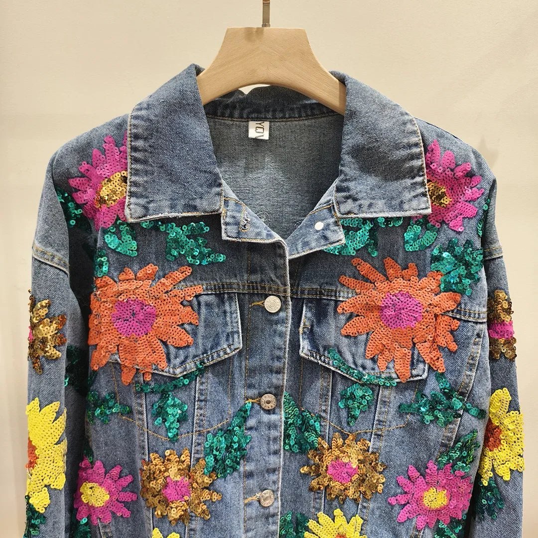 Embroidery denim jacket spring sequined beading Sun flowers water wash cowboy jacket female long sleeve denim jacket coat - SS69