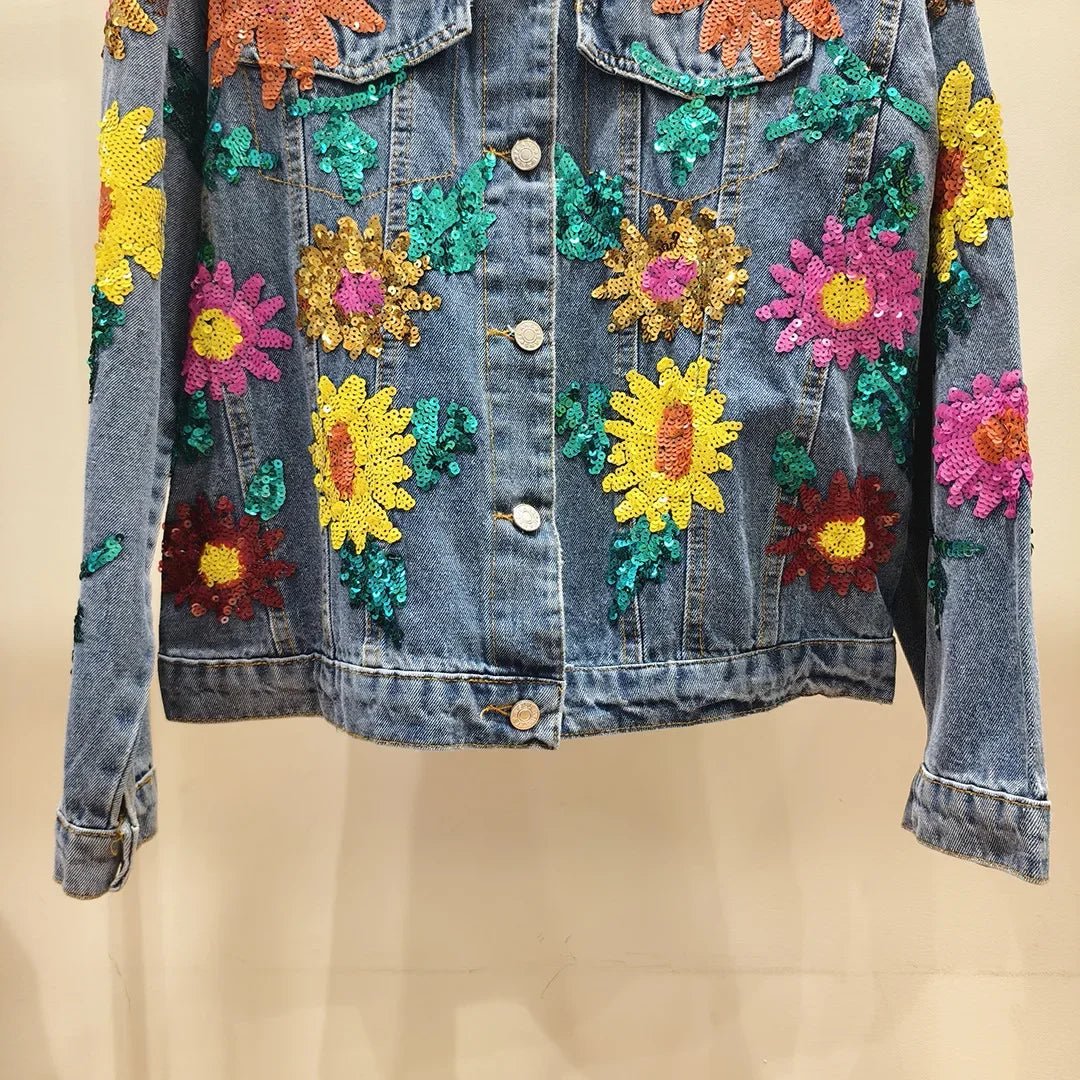 Embroidery denim jacket spring sequined beading Sun flowers water wash cowboy jacket female long sleeve denim jacket coat - SS69