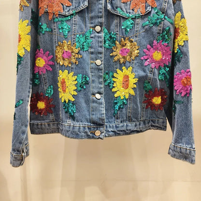 Embroidery denim jacket spring sequined beading Sun flowers water wash cowboy jacket female long sleeve denim jacket coat - SS69