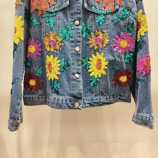 Embroidery denim jacket spring sequined beading Sun flowers water wash cowboy jacket female long sleeve denim jacket coat - SS69