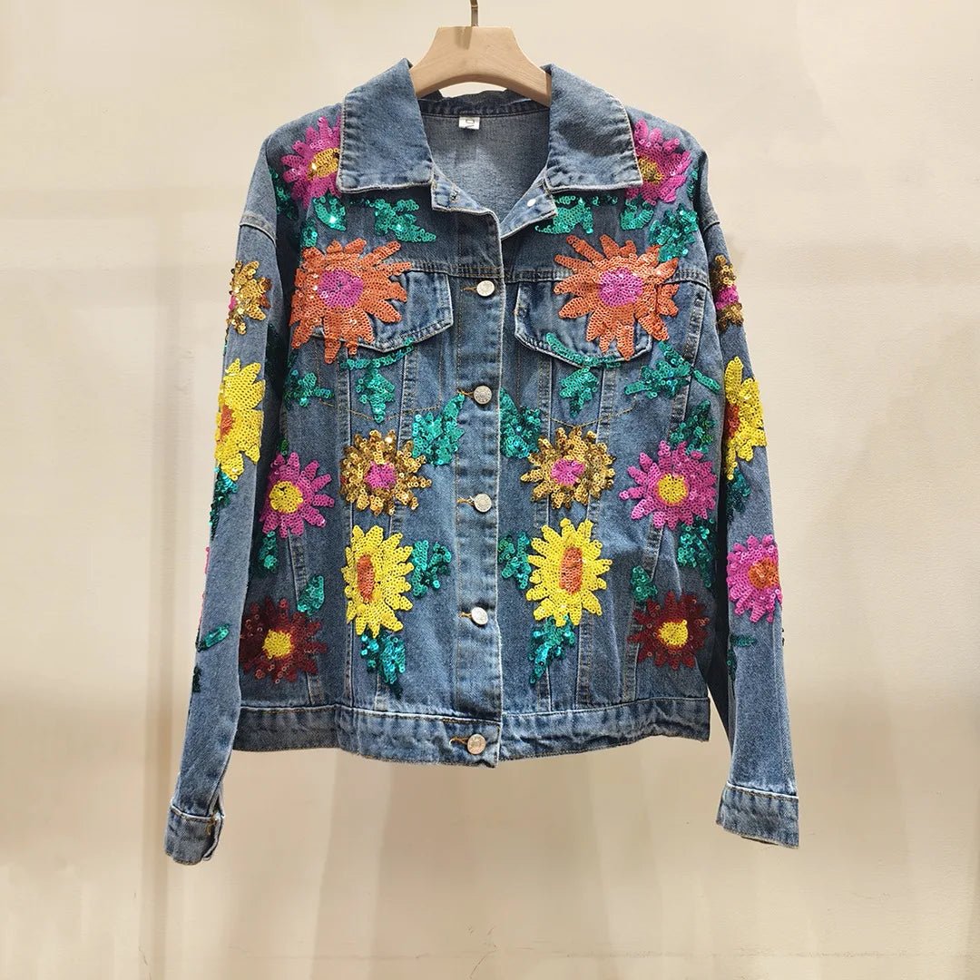 Embroidery denim jacket spring sequined beading Sun flowers water wash cowboy jacket female long sleeve denim jacket coat - SS69