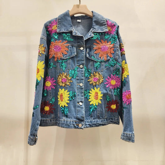 Embroidery denim jacket spring sequined beading Sun flowers water wash cowboy jacket female long sleeve denim jacket coat - SS69