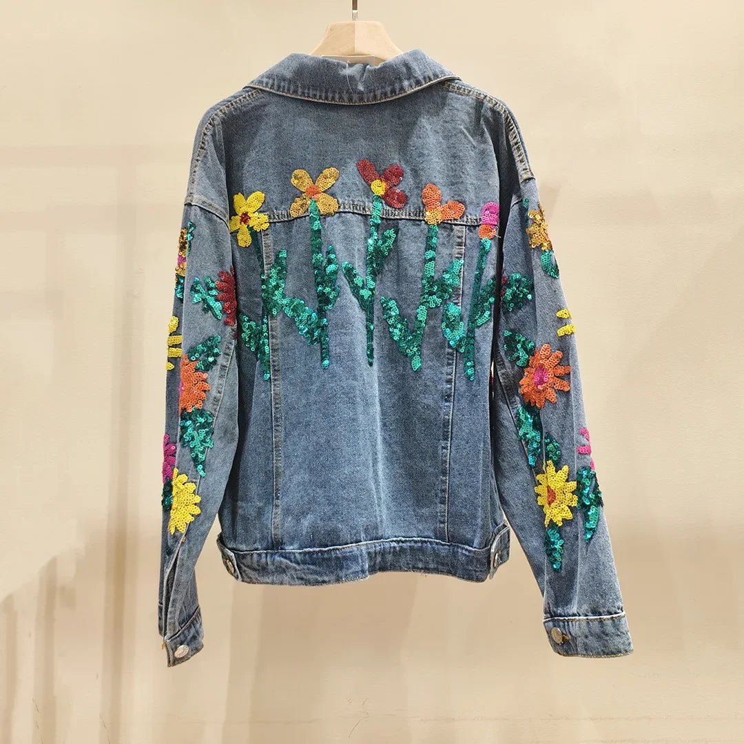 Embroidery denim jacket spring sequined beading Sun flowers water wash cowboy jacket female long sleeve denim jacket coat - SS69