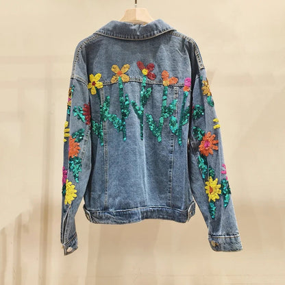 Embroidery denim jacket spring sequined beading Sun flowers water wash cowboy jacket female long sleeve denim jacket coat - SS69
