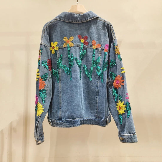Embroidery denim jacket spring sequined beading Sun flowers water wash cowboy jacket female long sleeve denim jacket coat - SS69