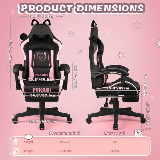 Ergonomic Faux Leather Gaming Chair with Cute Cat Ears, Black & Pink - Cozy Computer Chair with Lumbar Support & Footrest for Teens and Adults, Game Chair - SS69