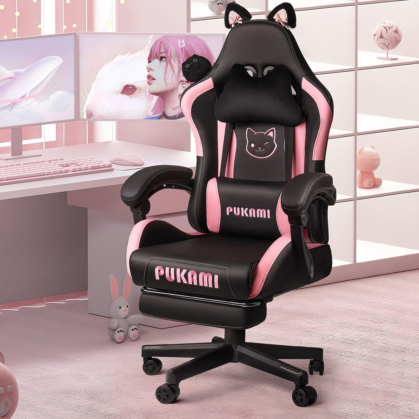 Ergonomic Faux Leather Gaming Chair with Cute Cat Ears, Black & Pink - Cozy Computer Chair with Lumbar Support & Footrest for Teens and Adults, Game Chair - SS69
