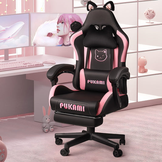Ergonomic Faux Leather Gaming Chair with Cute Cat Ears, Black & Pink - Cozy Computer Chair with Lumbar Support & Footrest for Teens and Adults, Game Chair - SS69