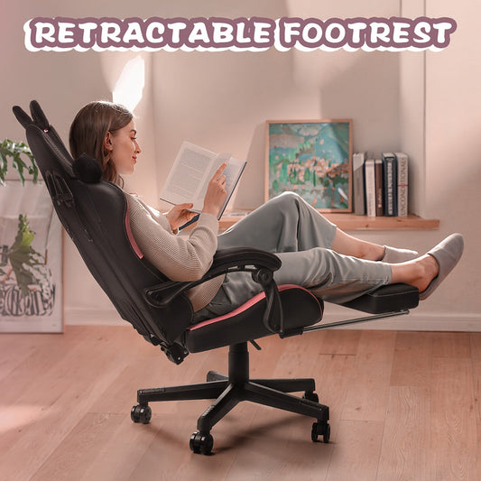 Ergonomic Faux Leather Gaming Chair with Cute Cat Ears, Black & Pink - Cozy Computer Chair with Lumbar Support & Footrest for Teens and Adults, Game Chair - SS69
