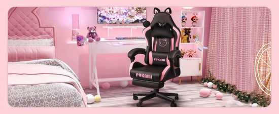 Ergonomic Faux Leather Gaming Chair with Cute Cat Ears, Black & Pink - Cozy Computer Chair with Lumbar Support & Footrest for Teens and Adults, Game Chair - SS69
