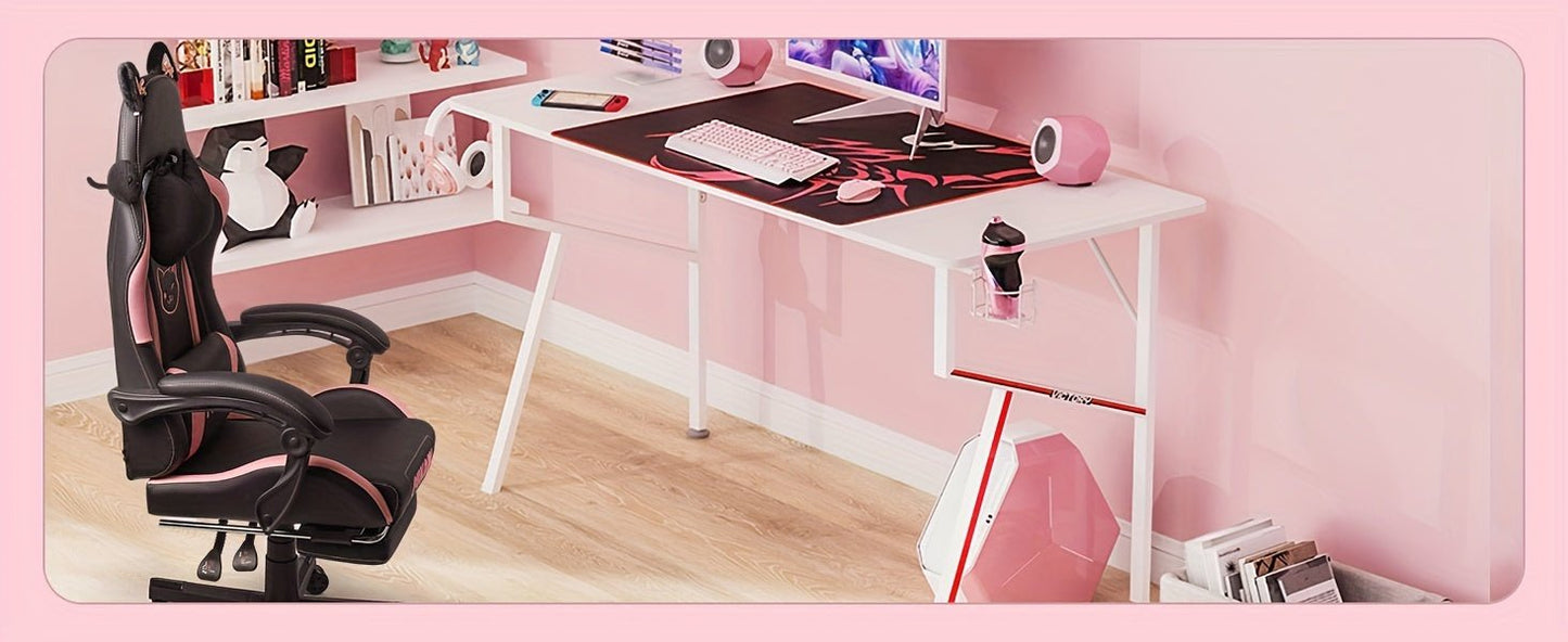 Ergonomic Faux Leather Gaming Chair with Cute Cat Ears, Black & Pink - Cozy Computer Chair with Lumbar Support & Footrest for Teens and Adults, Game Chair - SS69