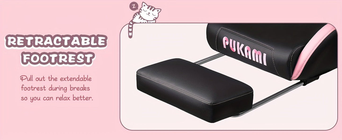 Ergonomic Faux Leather Gaming Chair with Cute Cat Ears, Black & Pink - Cozy Computer Chair with Lumbar Support & Footrest for Teens and Adults, Game Chair - SS69