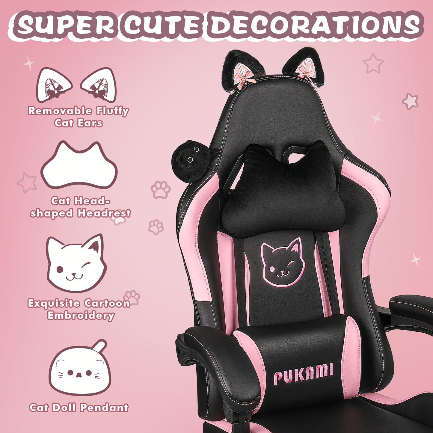 Ergonomic Faux Leather Gaming Chair with Cute Cat Ears, Black & Pink - Cozy Computer Chair with Lumbar Support & Footrest for Teens and Adults, Game Chair - SS69